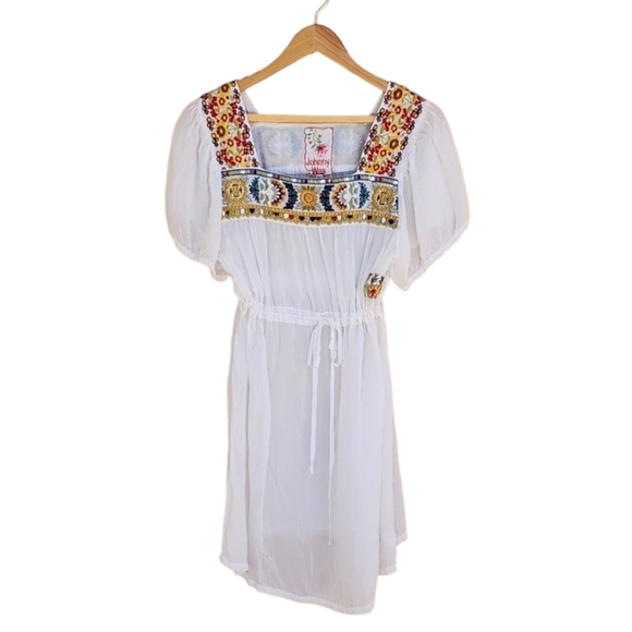 JOHNNY WAS ANTHRO White Cotton Mini Dress M Embroidered Cover Up Mexico - Picture 4 of 17